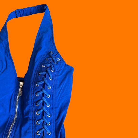 00's vintage blue lace up zipper bodycon y2k corset halter tank top SMALL - Picture 3 of 6